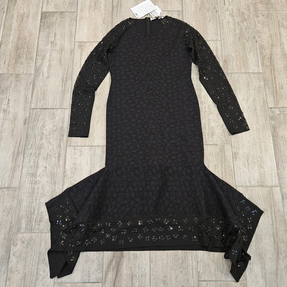 Opening Ceremony Midi Dress Womens L Sequin Handkerchief Hem Black LS NEW FLAW - Picture 3 of 14